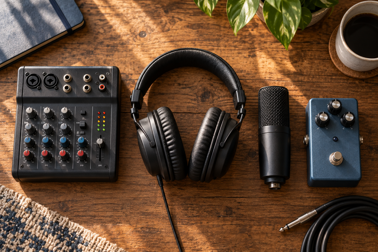 Composición de equipo de audio para comparar: mesa de mezclas, cascos, micrófono y pedal