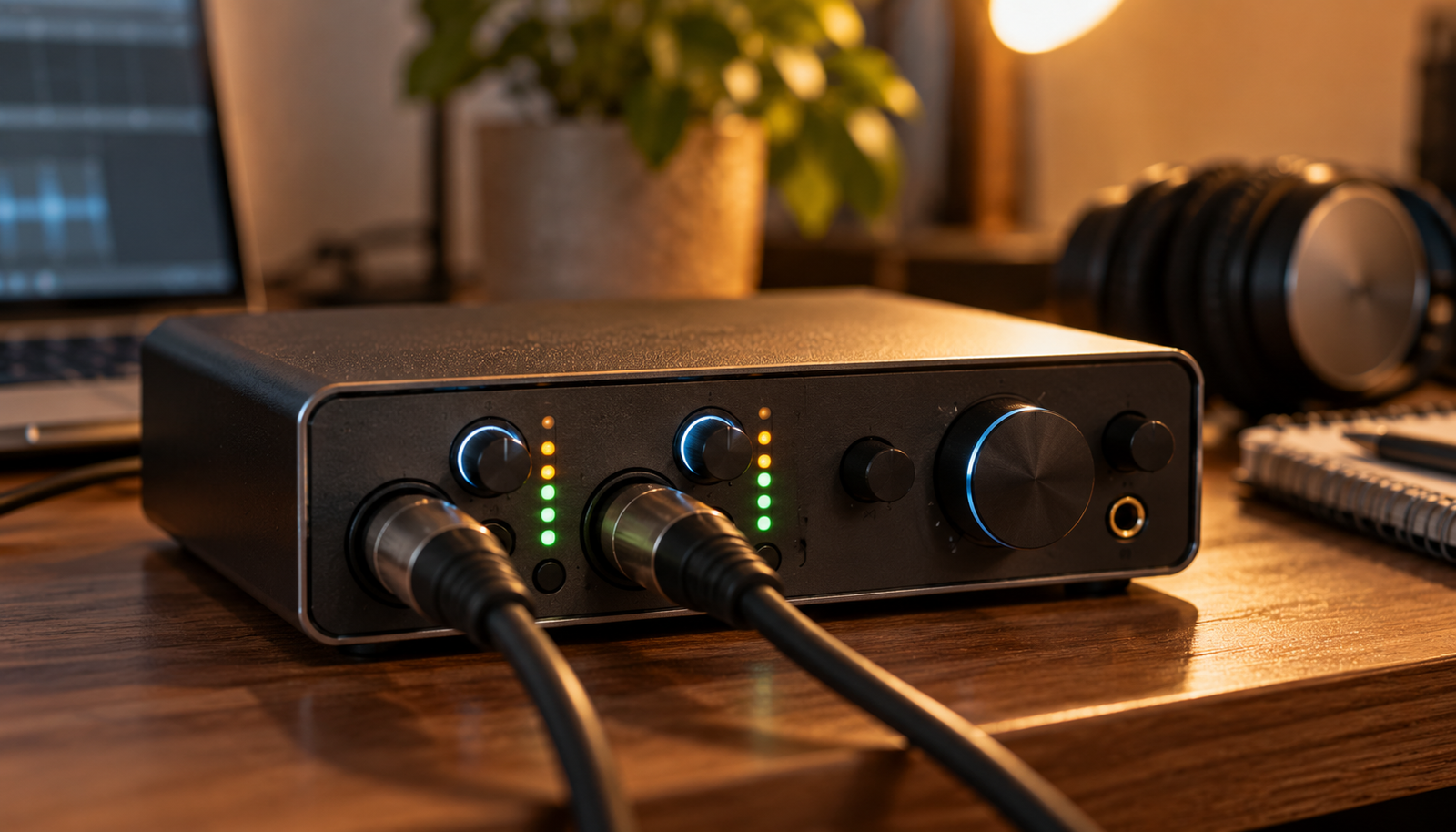 Interfaz de audio con cables XLR conectados sobre un escritorio de home studio