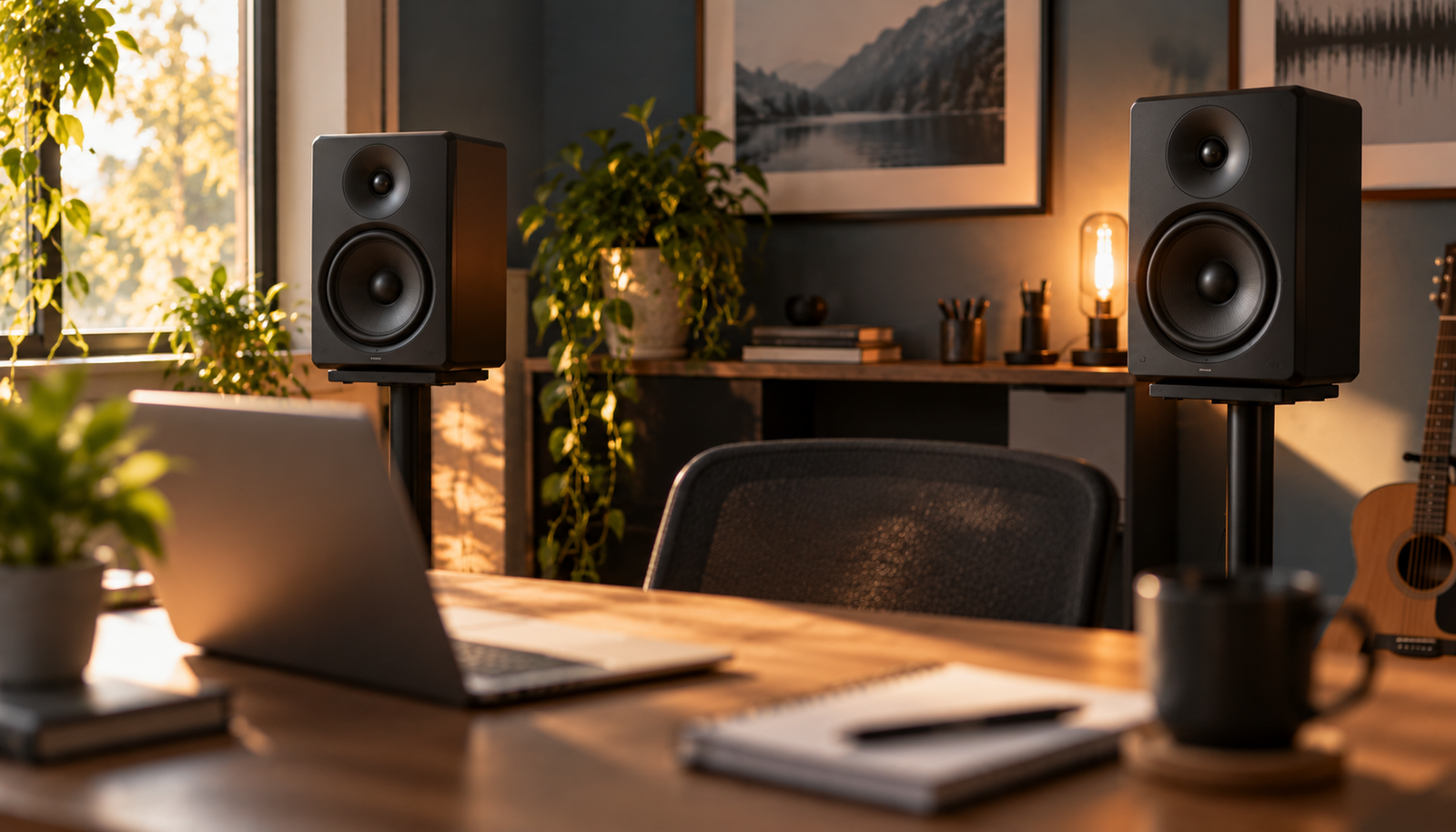 Par de monitores de estudio sobre soportes en un escritorio de home studio cálido