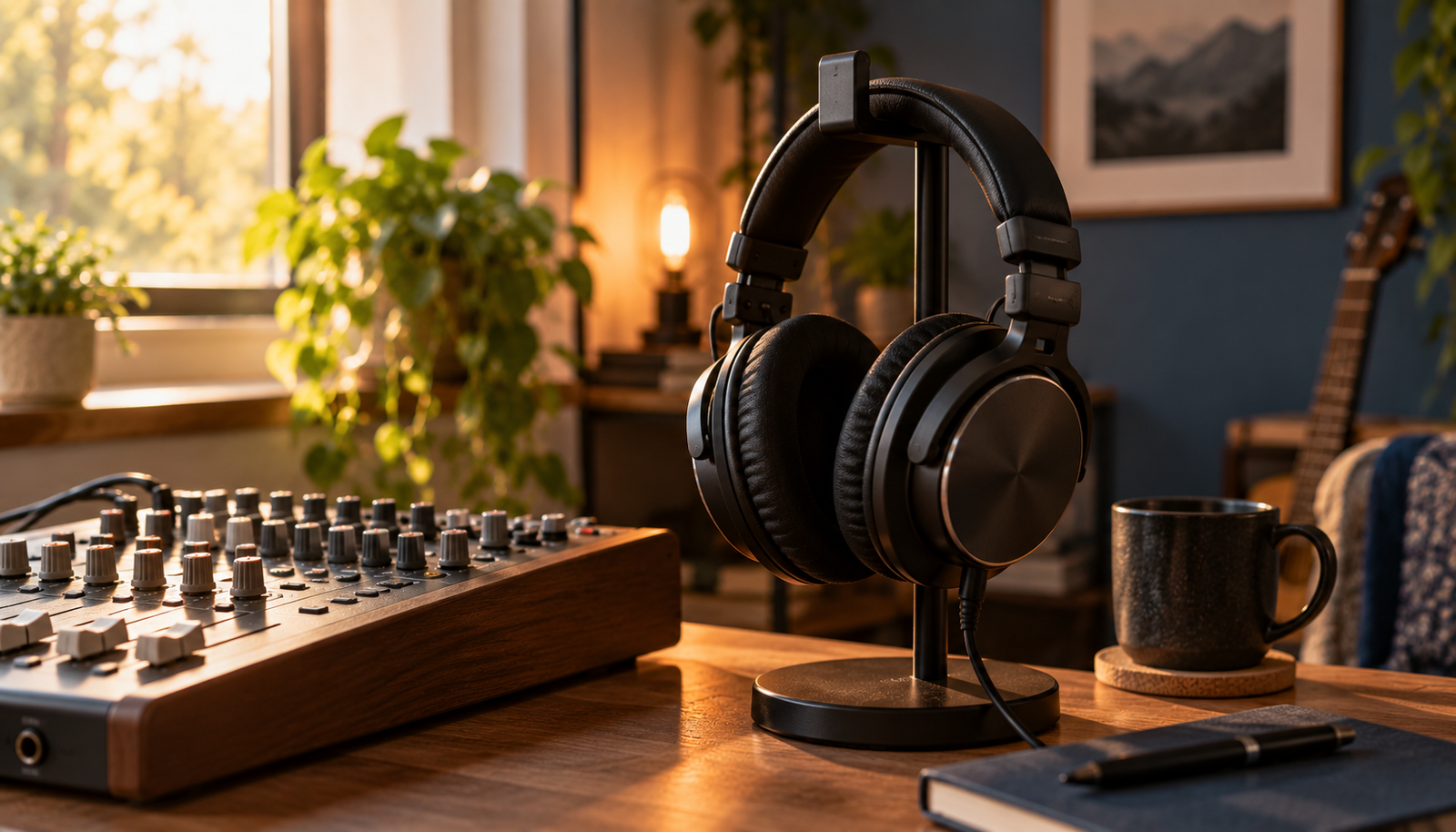 Auriculares de estudio sobre un soporte junto a una mesa de mezclas en un home studio cálido