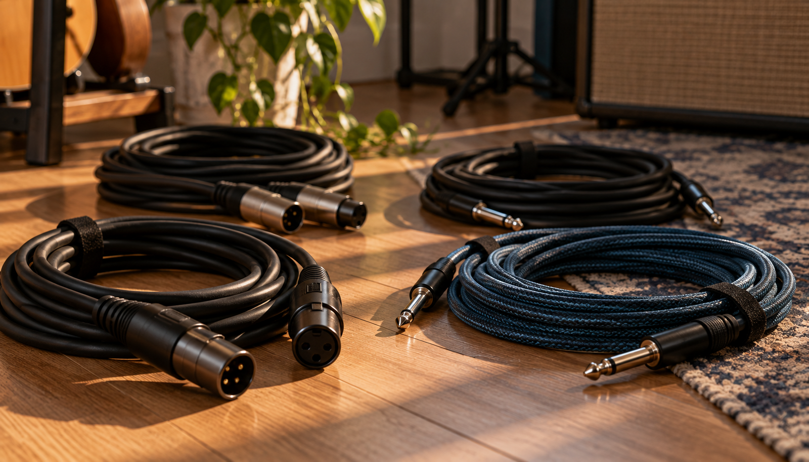 Varios cables de audio XLR y jack enrollados en el suelo de un estudio junto a una guitarra y un amplificador
