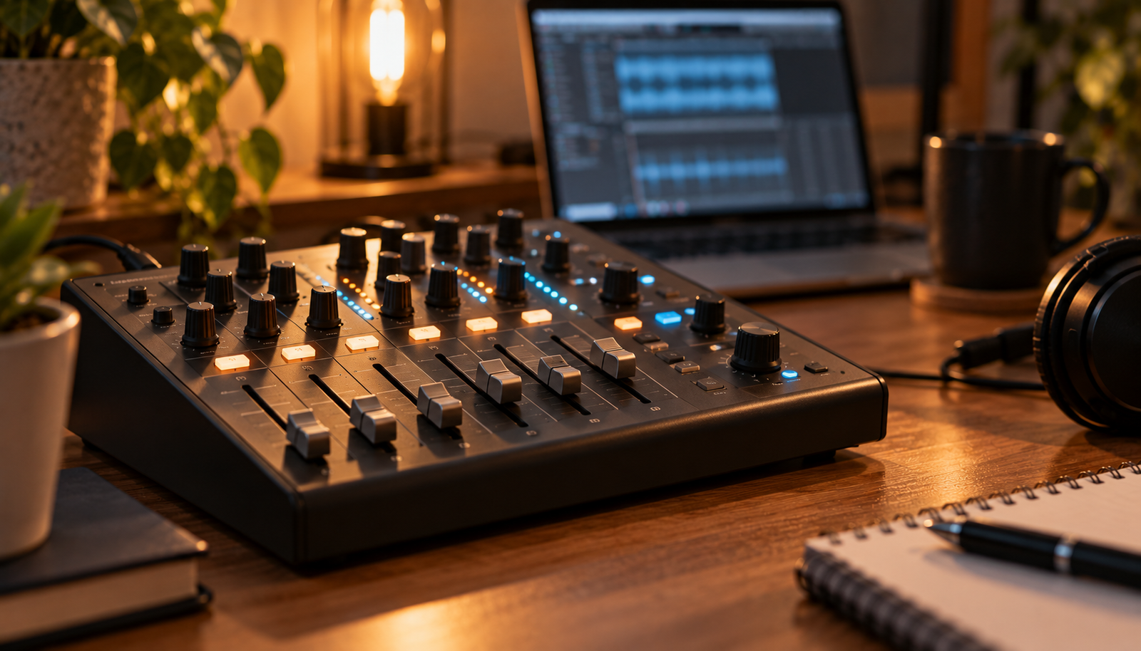 Controladora de mezclas USB con faders y knobs iluminados junto a un portátil en un home studio