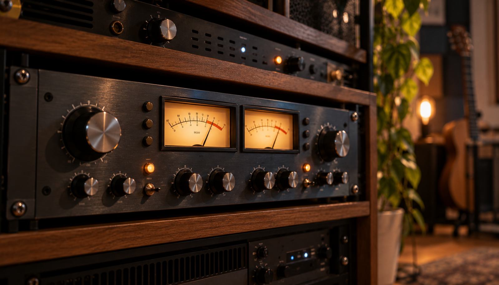 Compresor de rack con medidores VU iluminados en un mueble de estudio de madera