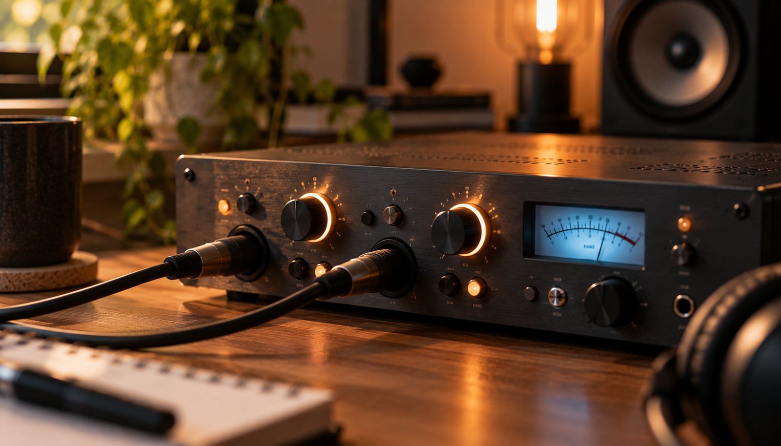 Preamplificador de micrófono con mandos de ganancia iluminados y medidor de nivel sobre una mesa de estudio