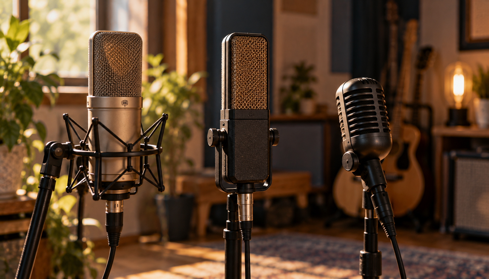 Tres micrófonos de estudio de formas distintas colocados en pie en una sala cálida con guitarras al fondo