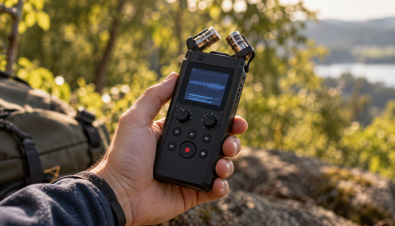Mano sosteniendo una grabadora de audio portátil al aire libre con vegetación de fondo