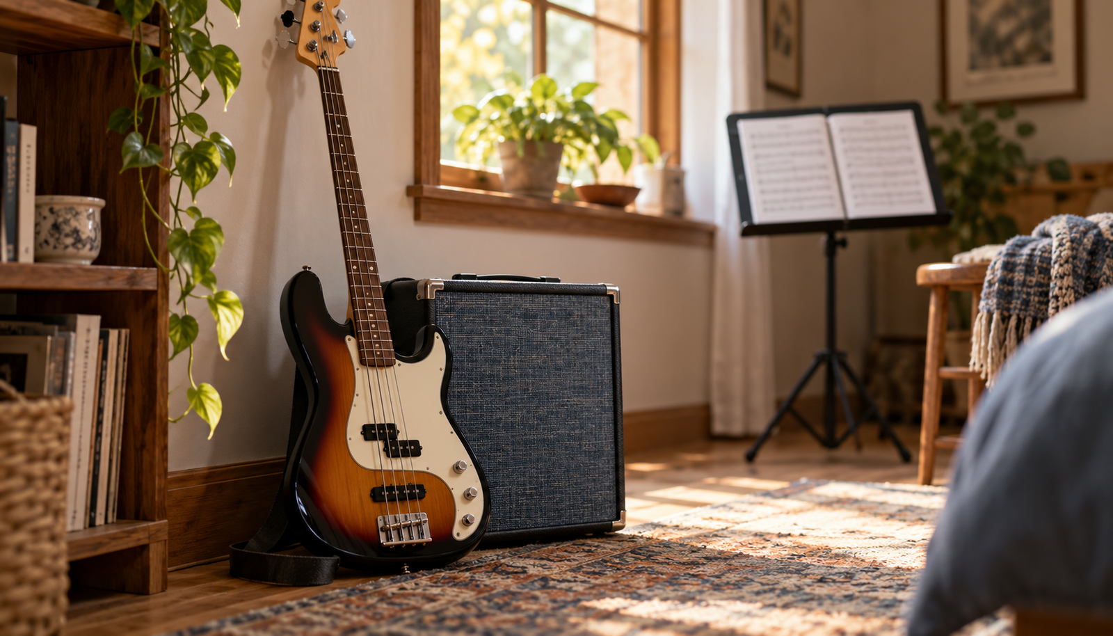 Bajo eléctrico apoyado junto a un amplificador de práctica en un rincón musical acogedor