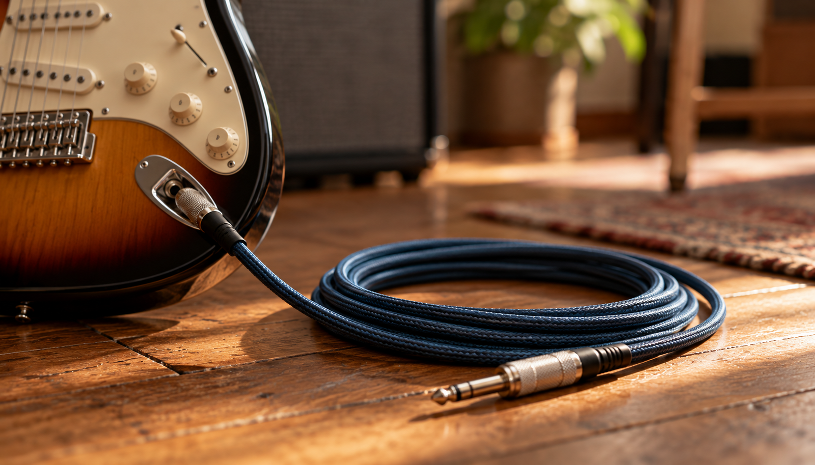 Cable de instrumento enrollado en el suelo junto al jack de una guitarra eléctrica