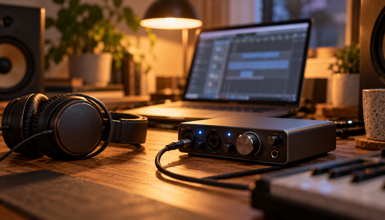 Mesa de producción musical con interfaz de audio, auriculares y portátil desenfocado