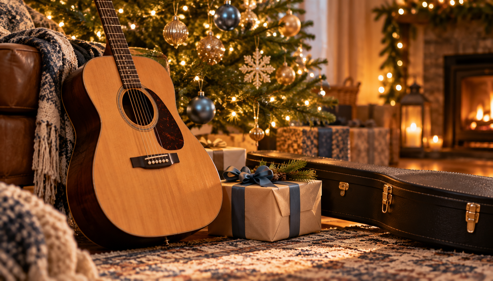 Guitarra acústica junto a un árbol de Navidad iluminado con regalos envueltos