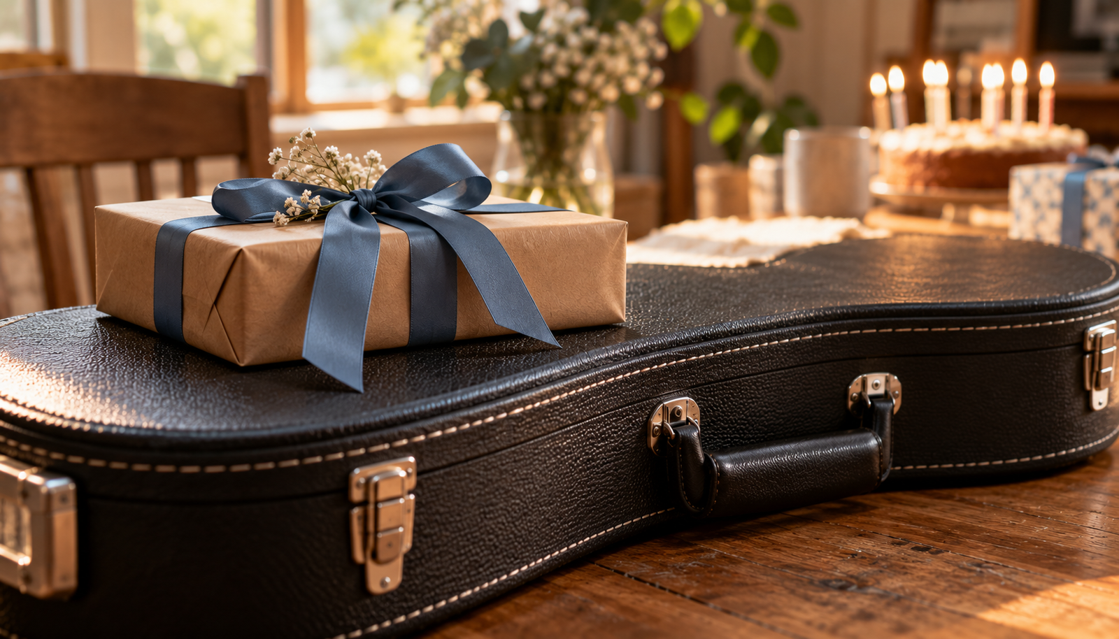Funda de guitarra eléctrica con una caja de regalo envuelta encima y velas de cumpleaños desenfocadas