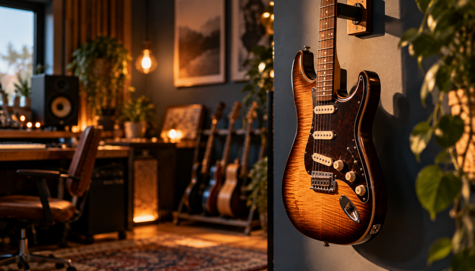 Guitarra eléctrica premium colgada en la pared de un estudio con luz cálida