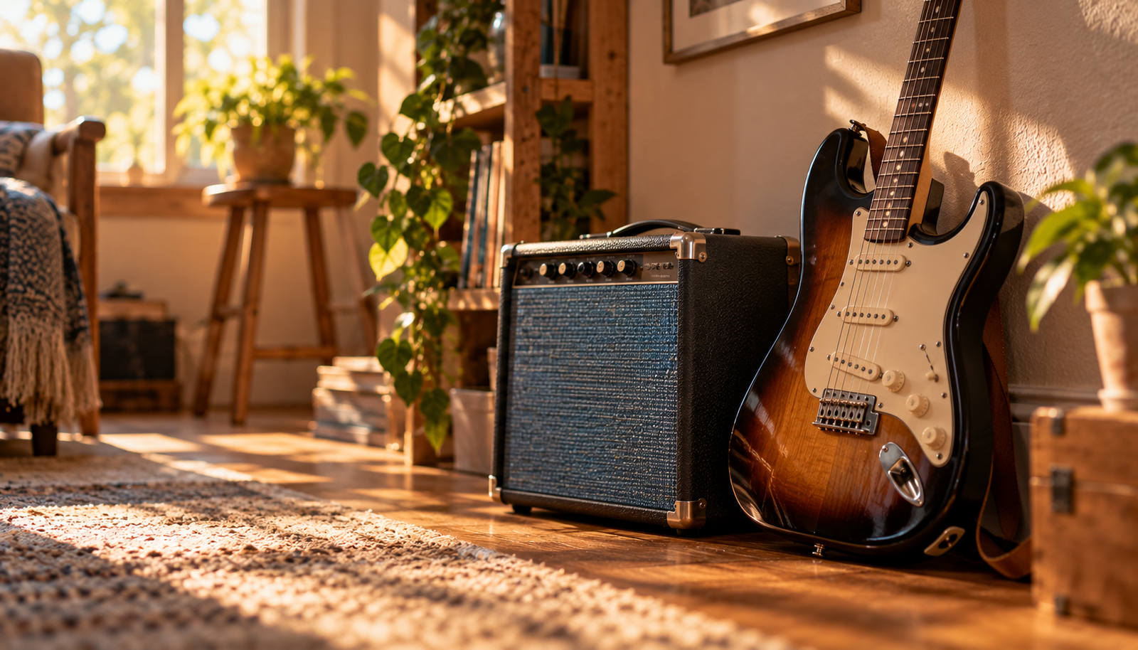 Ampli de guitarra de práctica pequeño junto a una guitarra eléctrica apoyada en la pared
