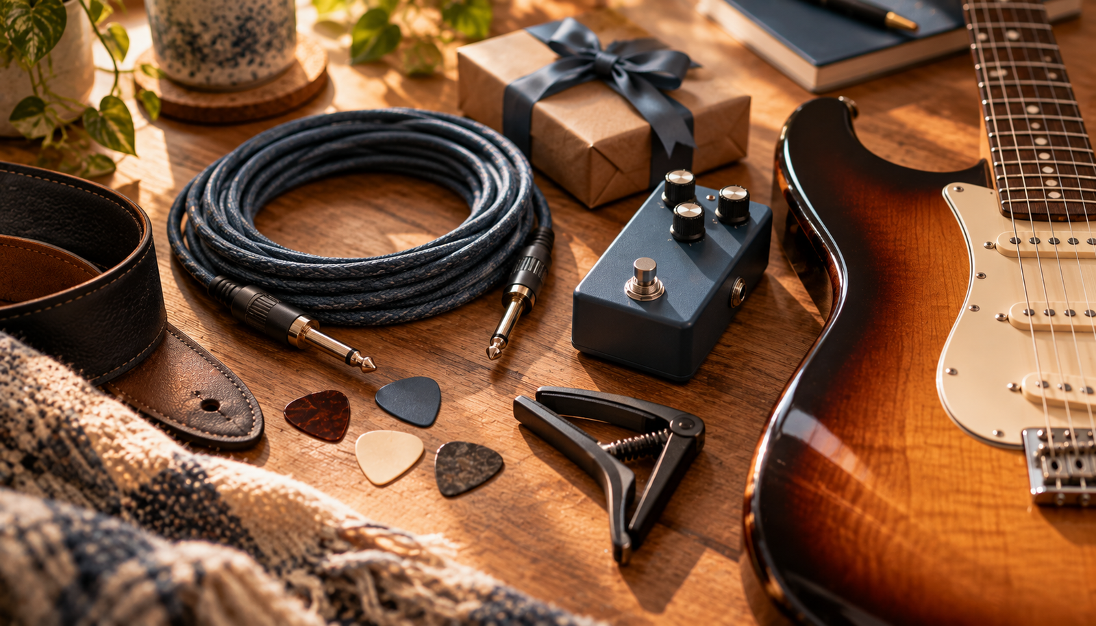 Composición de regalos para guitarrista: púas, capo, pedal y cable junto al cuerpo de una guitarra