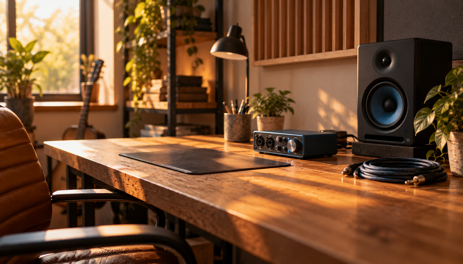 Escritorio con interfaz de audio, un monitor de estudio y cables ordenados, primeros pasos de un home studio