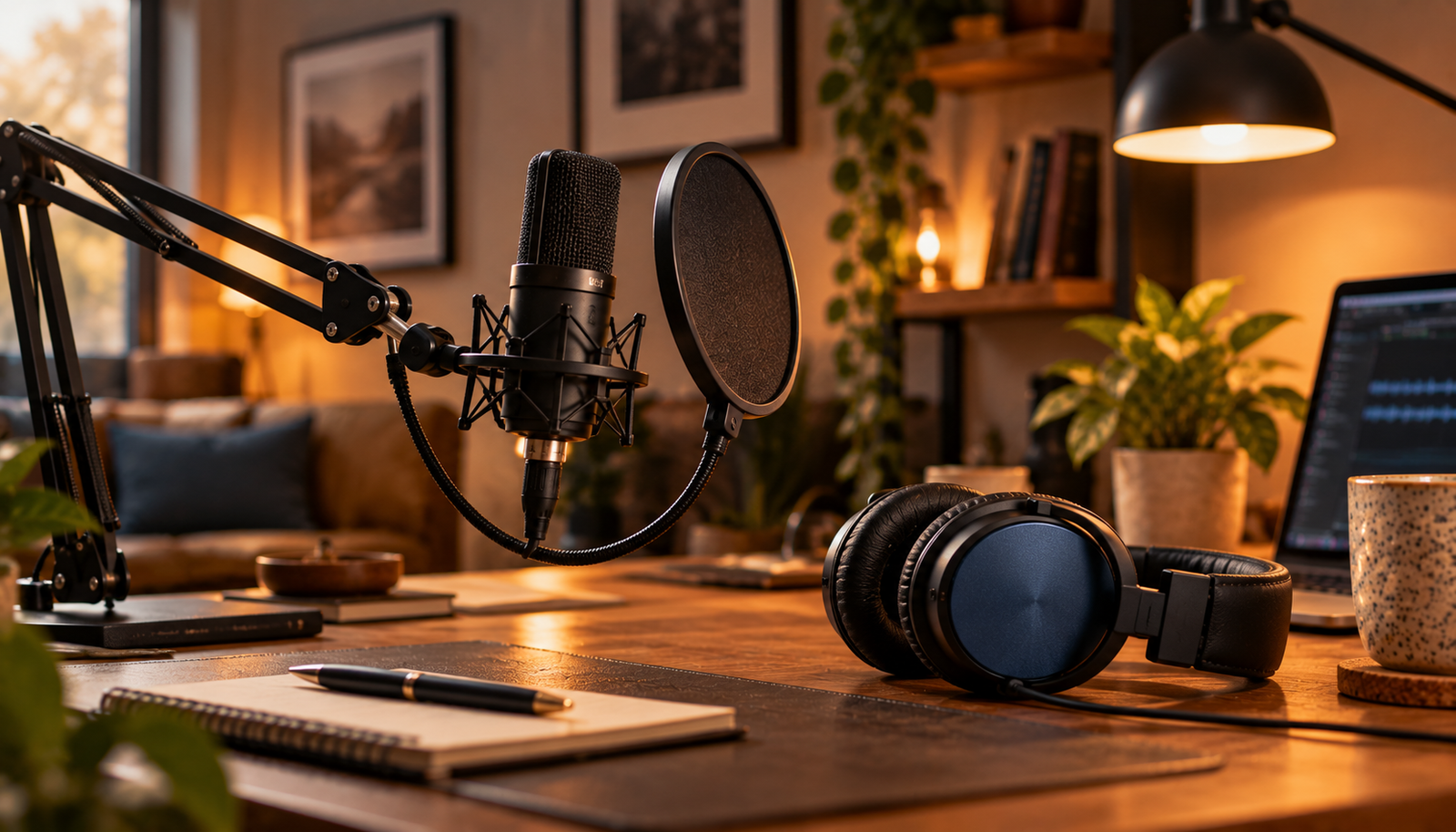 Set de podcasting con micrófono en brazo articulado, auriculares y filtro antipop sobre un escritorio