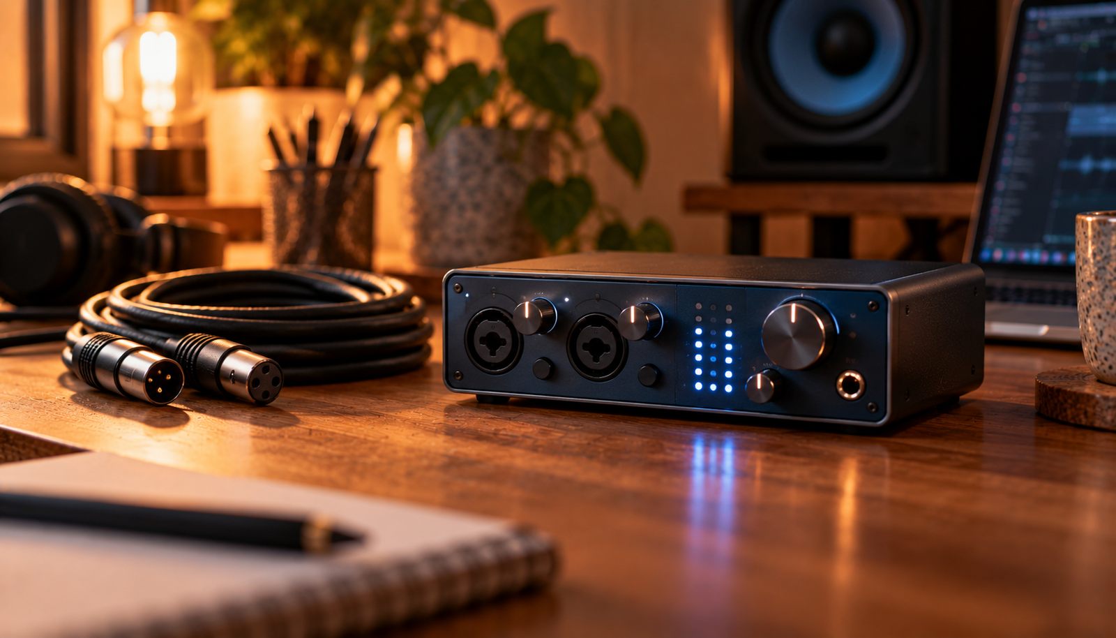 Interfaz de audio pequeña de dos entradas sobre un escritorio con cable XLR enrollado al lado