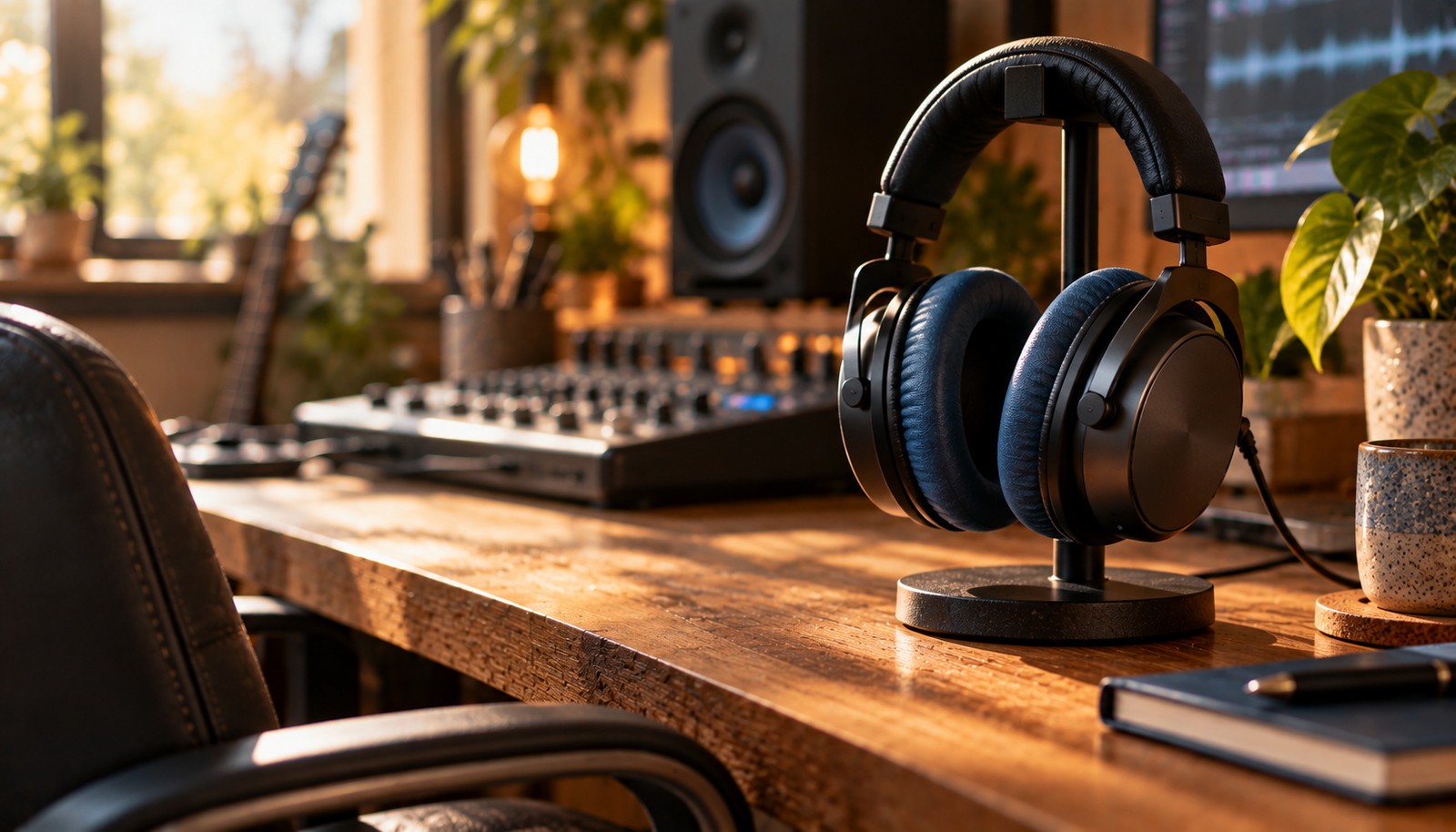Auriculares cerrados de estudio sobre un soporte en un escritorio de madera
