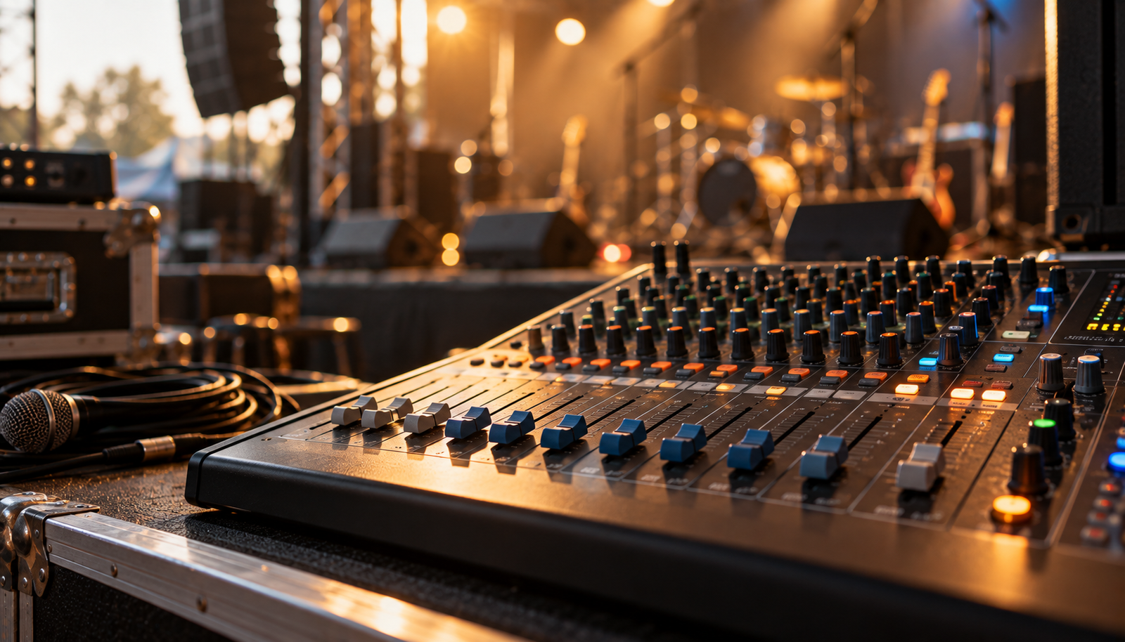 Mesa de mezclas para sonido en directo con múltiples faders y luces de escenario desenfocadas al fondo