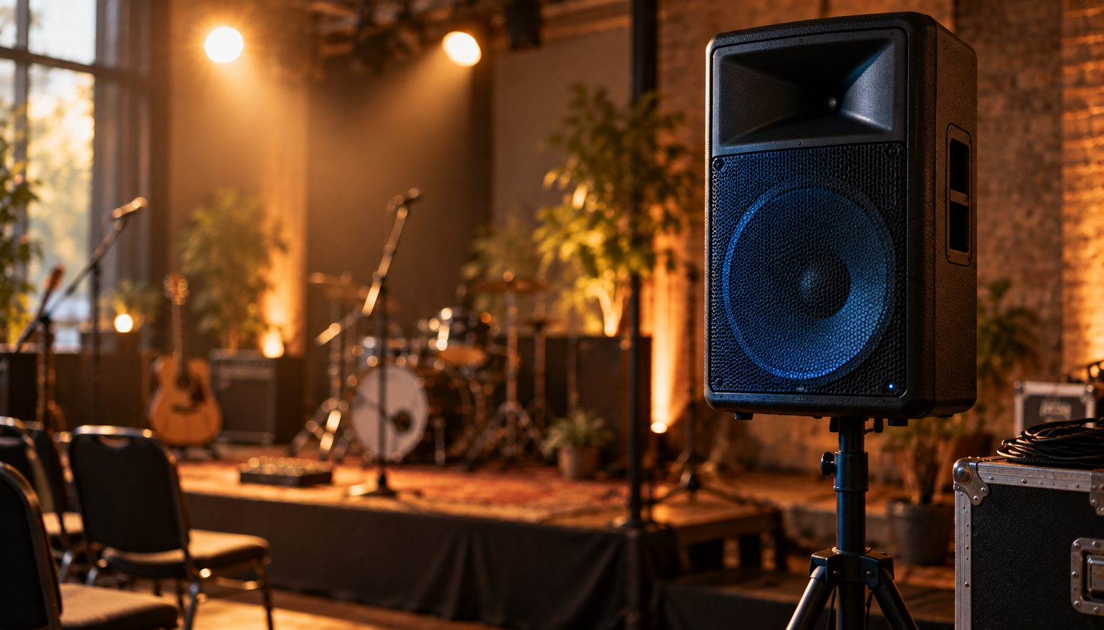Altavoz PA sobre trípode en un pequeño espacio de ensayo con luz de escenario desenfocada