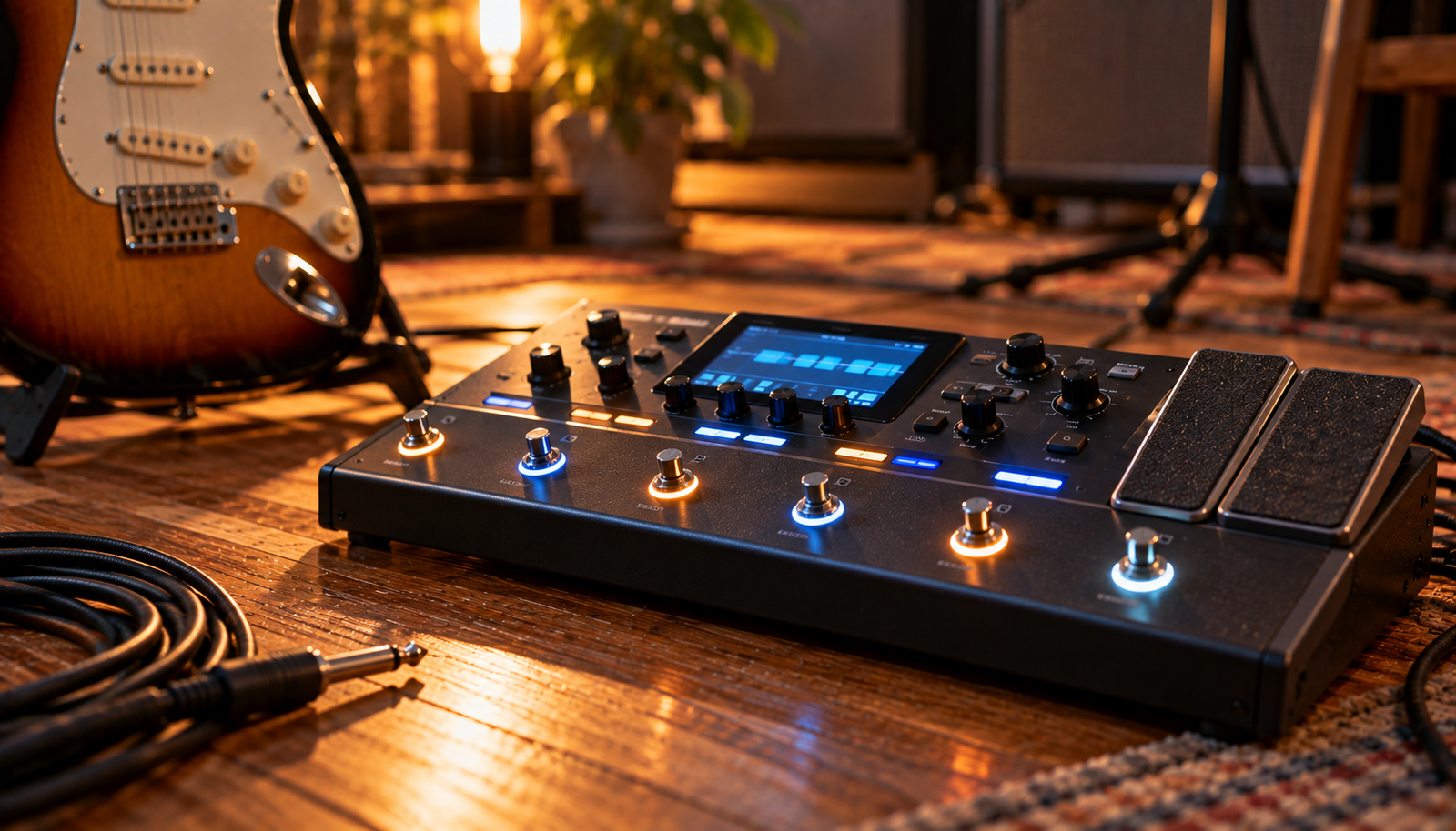 Pedal multiefectos de guitarra con pantalla y pulsadores iluminados sobre el suelo de un estudio