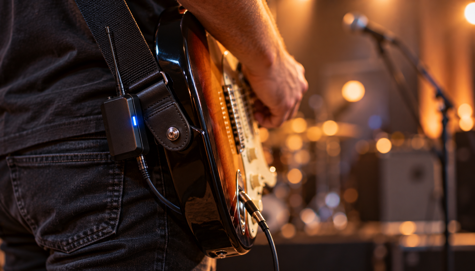 Transmisor inalámbrico pequeño enganchado a la correa de una guitarra eléctrica cerca del jack
