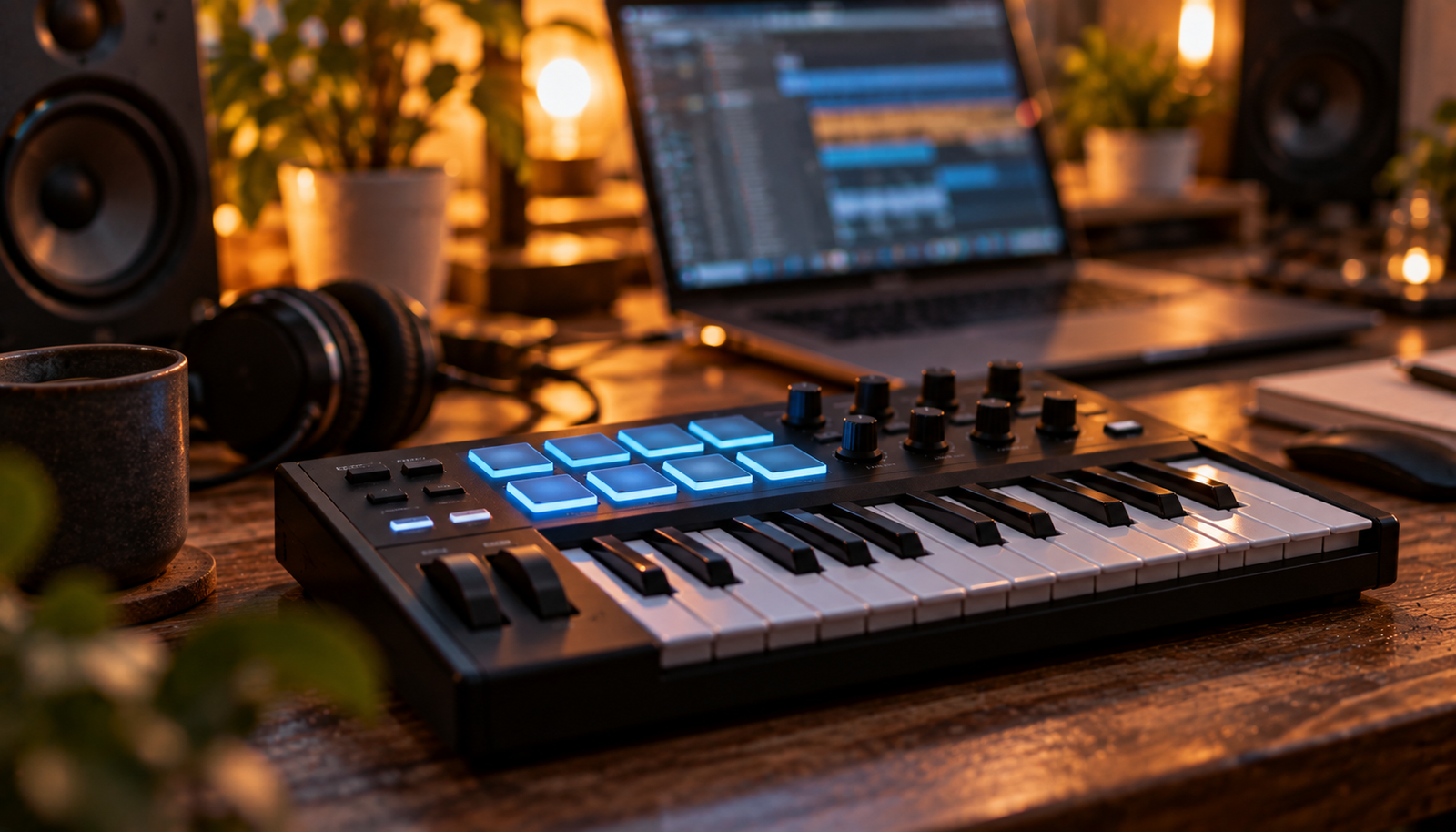 Controlador MIDI compacto con pads sensibles a la velocidad iluminados y teclas mini sobre una mesa de producción