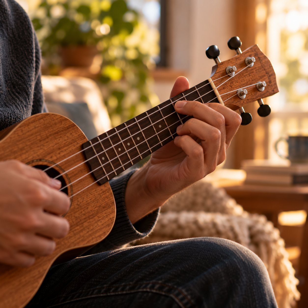 Dedos haciendo un acorde en el mástil de un ukelele