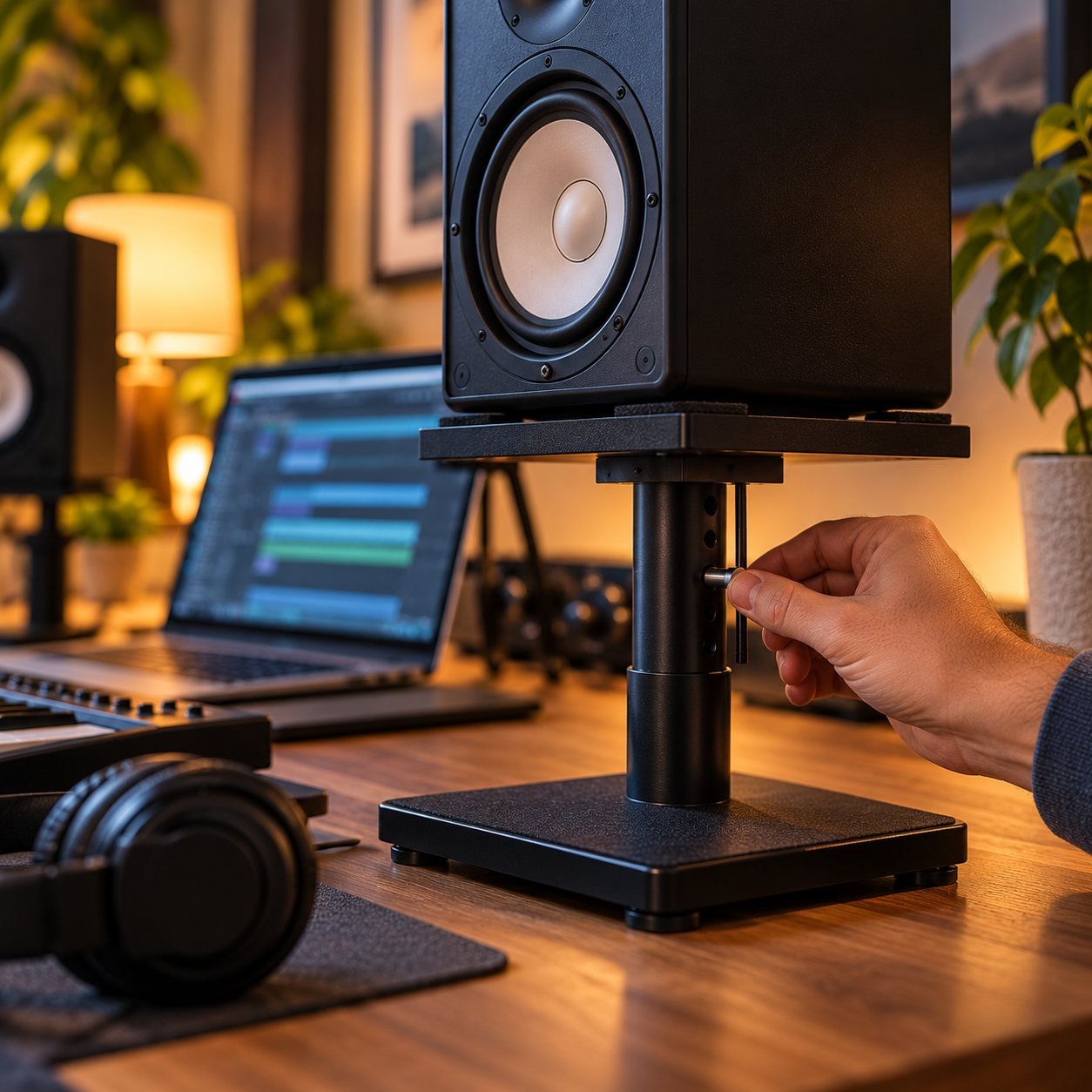 Mano ajustando la altura de un soporte de monitor de estudio con base de fieltro