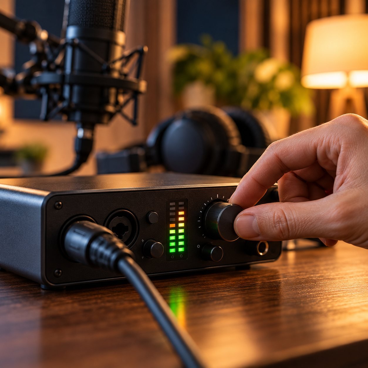 Mano girando el mando de ganancia de una interfaz de audio con medidor de nivel