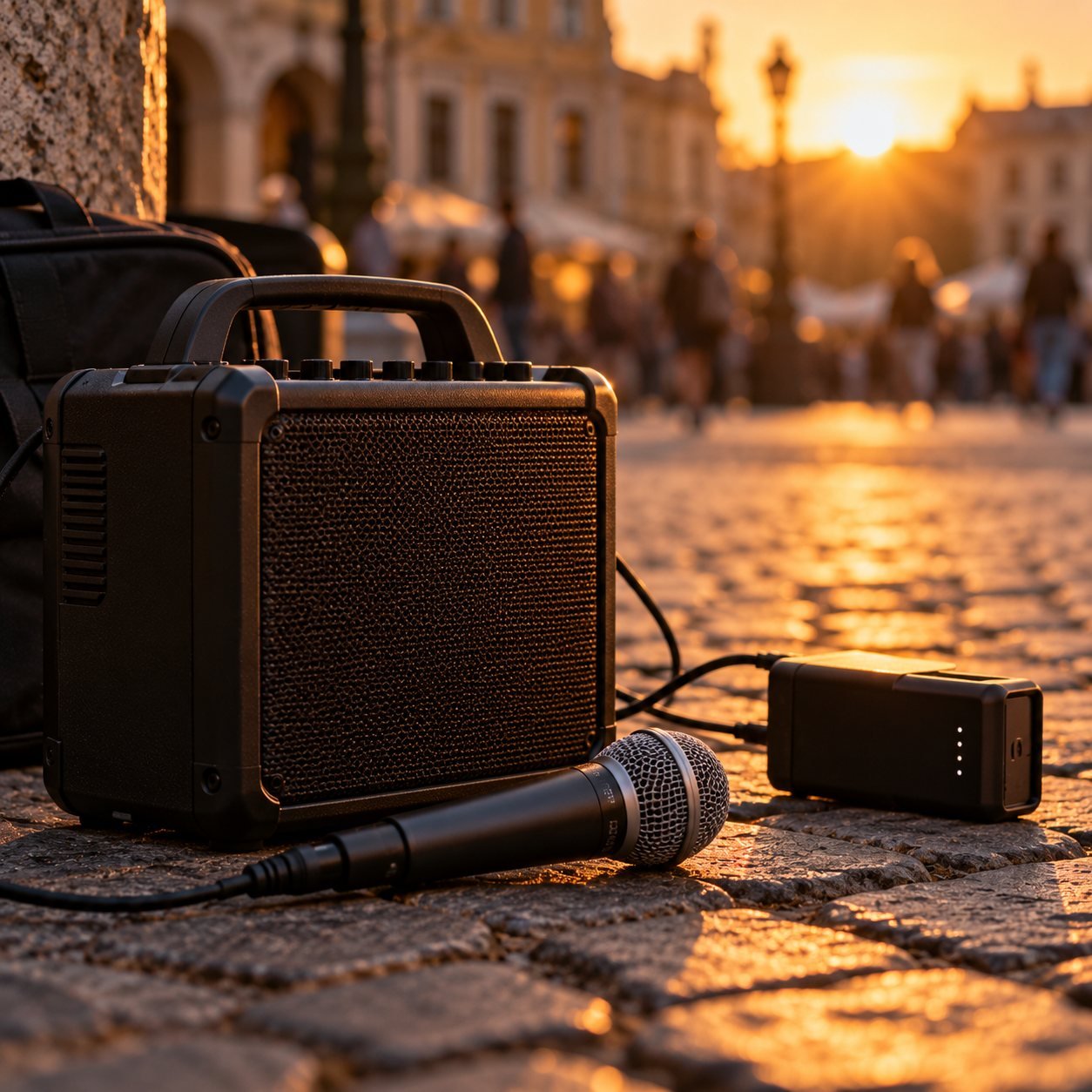 Altavoz portátil con batería, micrófono y batería externa sobre adoquines