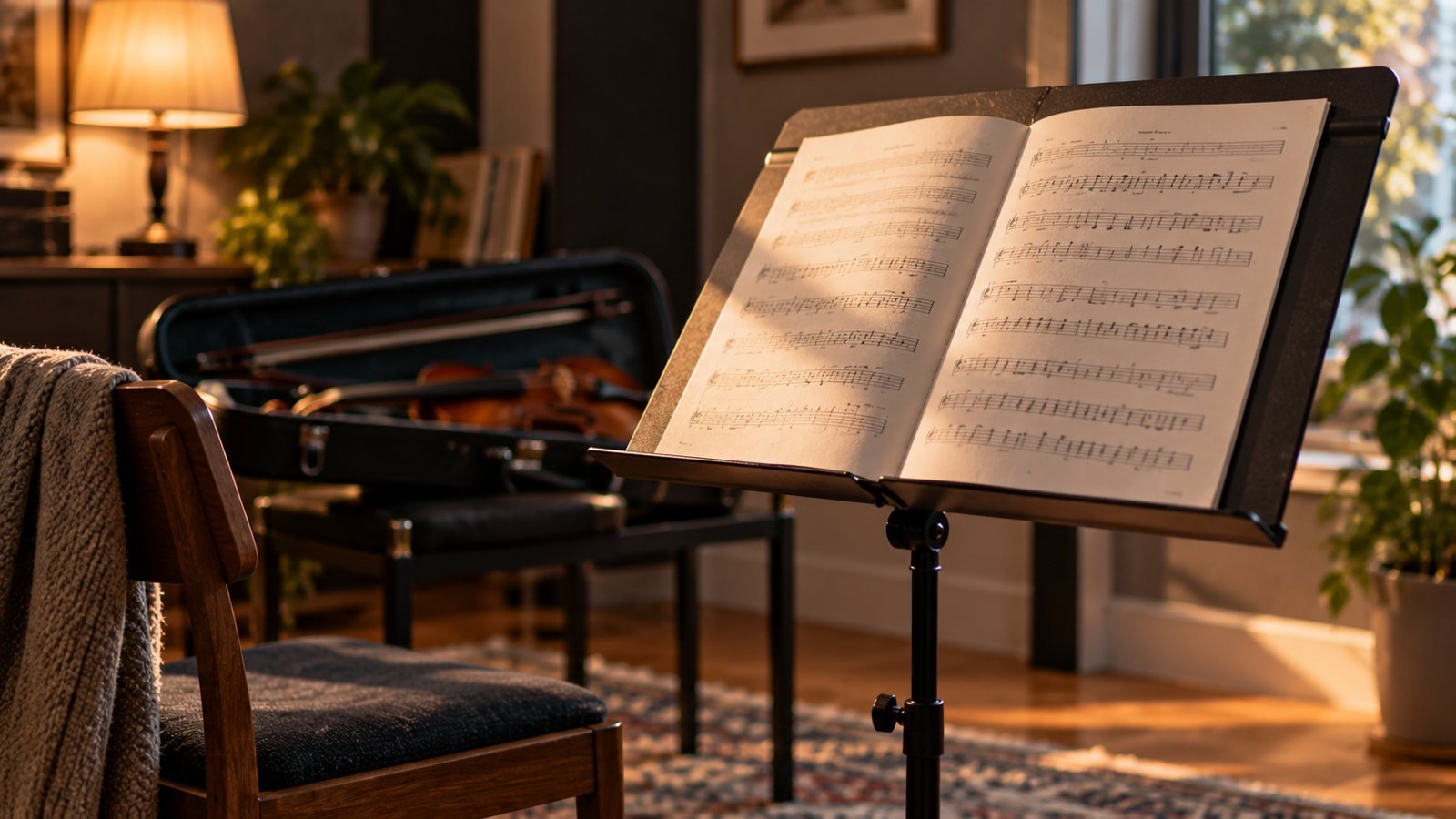 Atril plegable negro con partitura en una sala de ensayo