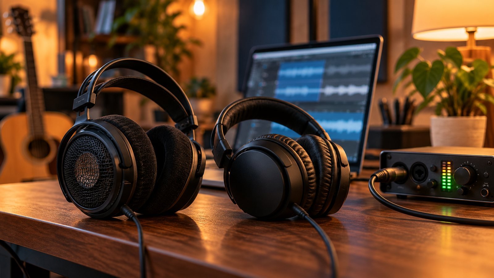 Auriculares abiertos y cerrados sobre un escritorio junto a una interfaz de audio y un portátil