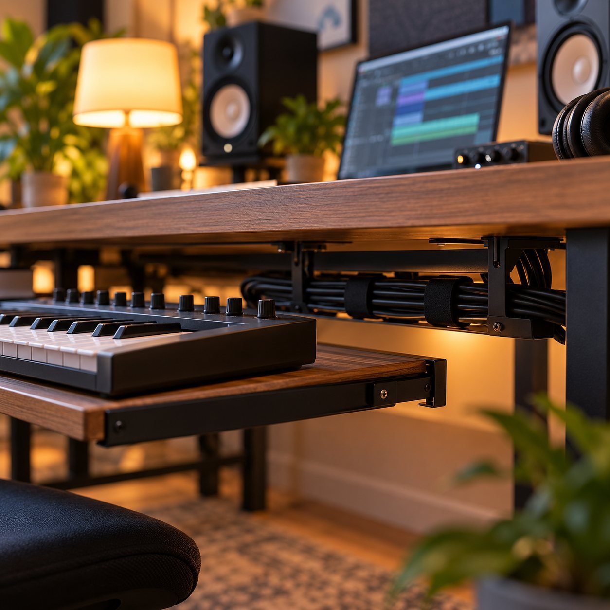 Bandeja extraíble para teclado MIDI y canal de cables bajo un escritorio de estudio