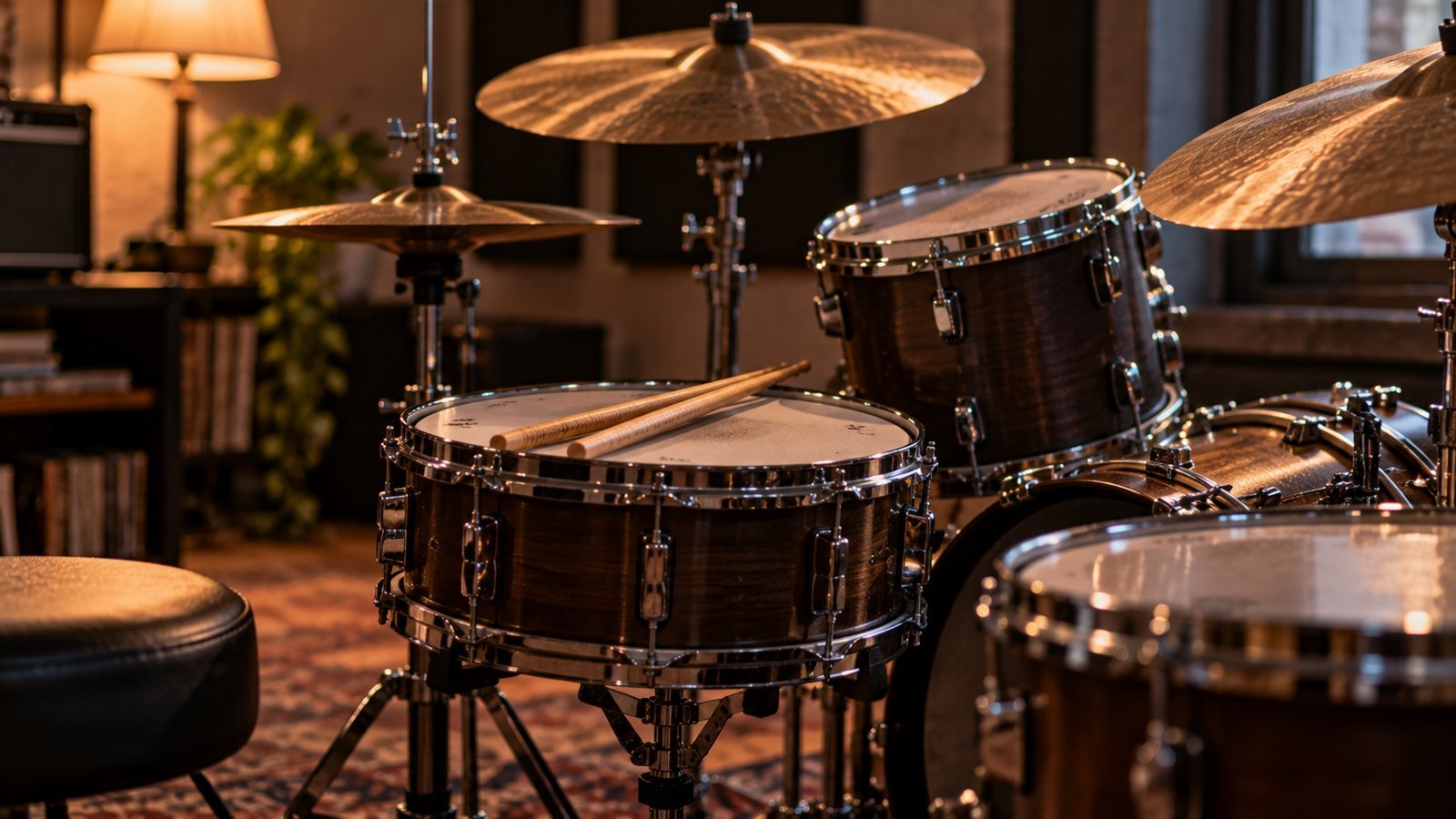 Batería acústica con caja, toms y platos en una sala de ensayo