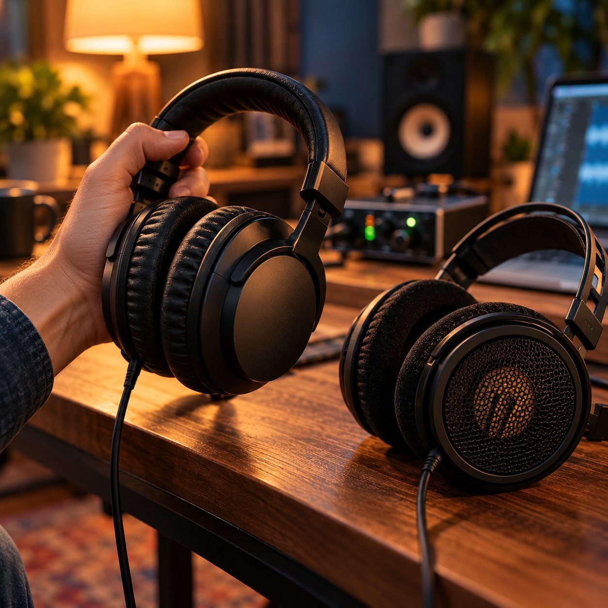 Mano sosteniendo unos auriculares cerrados junto a unos abiertos