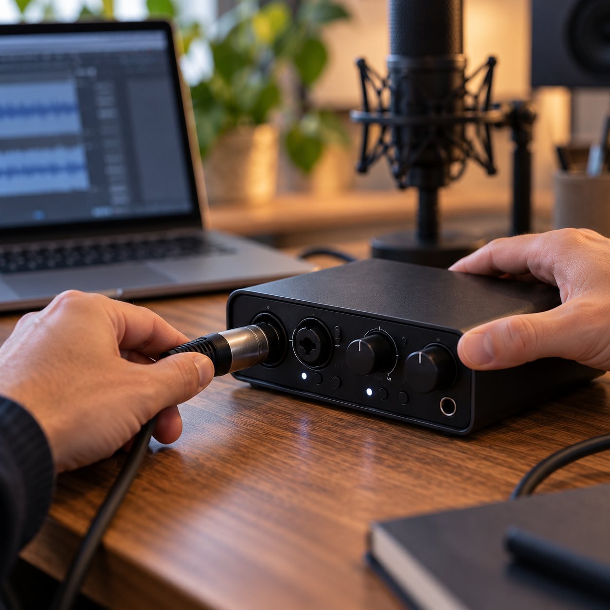 Manos conectando un cable XLR a una interfaz de audio de dos entradas