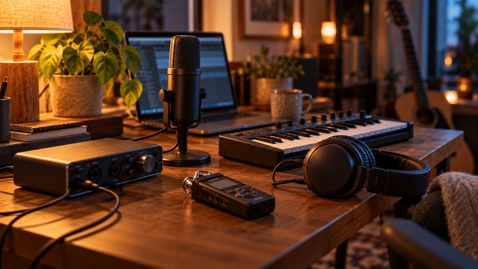 Escritorio de home studio con interfaz de audio, micrófono USB, teclado MIDI, auriculares y grabadora portátil