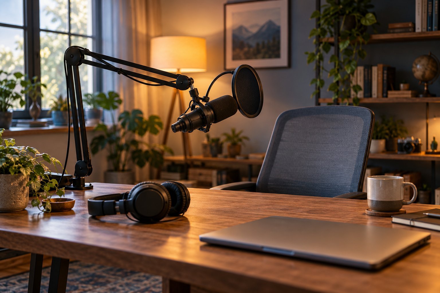 Escritorio de podcast con brazo de micrófono, micrófono con filtro antipop y auriculares, en un ambiente cálido