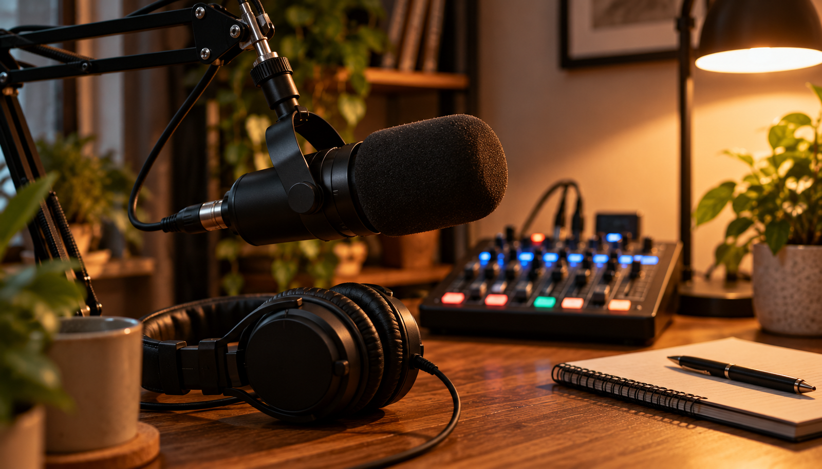 Mesa de podcast casera con micrófono de brazo, auriculares y mezclador compacto con luces encendidas, ambiente cálido