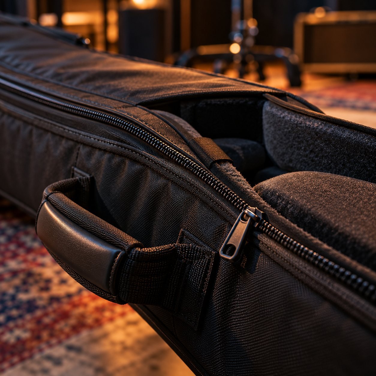 Detalle de la cremallera y el asa de una funda acolchada de guitarra
