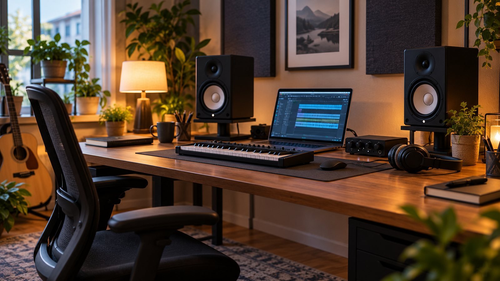 Escritorio de madera amplio con monitores de estudio, portátil y teclado MIDI