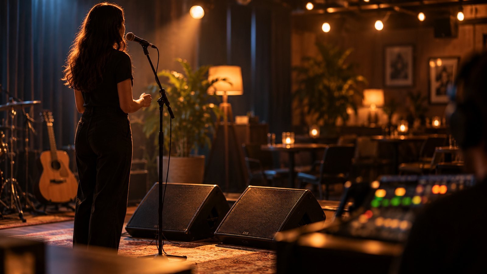 Cantante en un escenario pequeño con monitores de suelo frente a ella