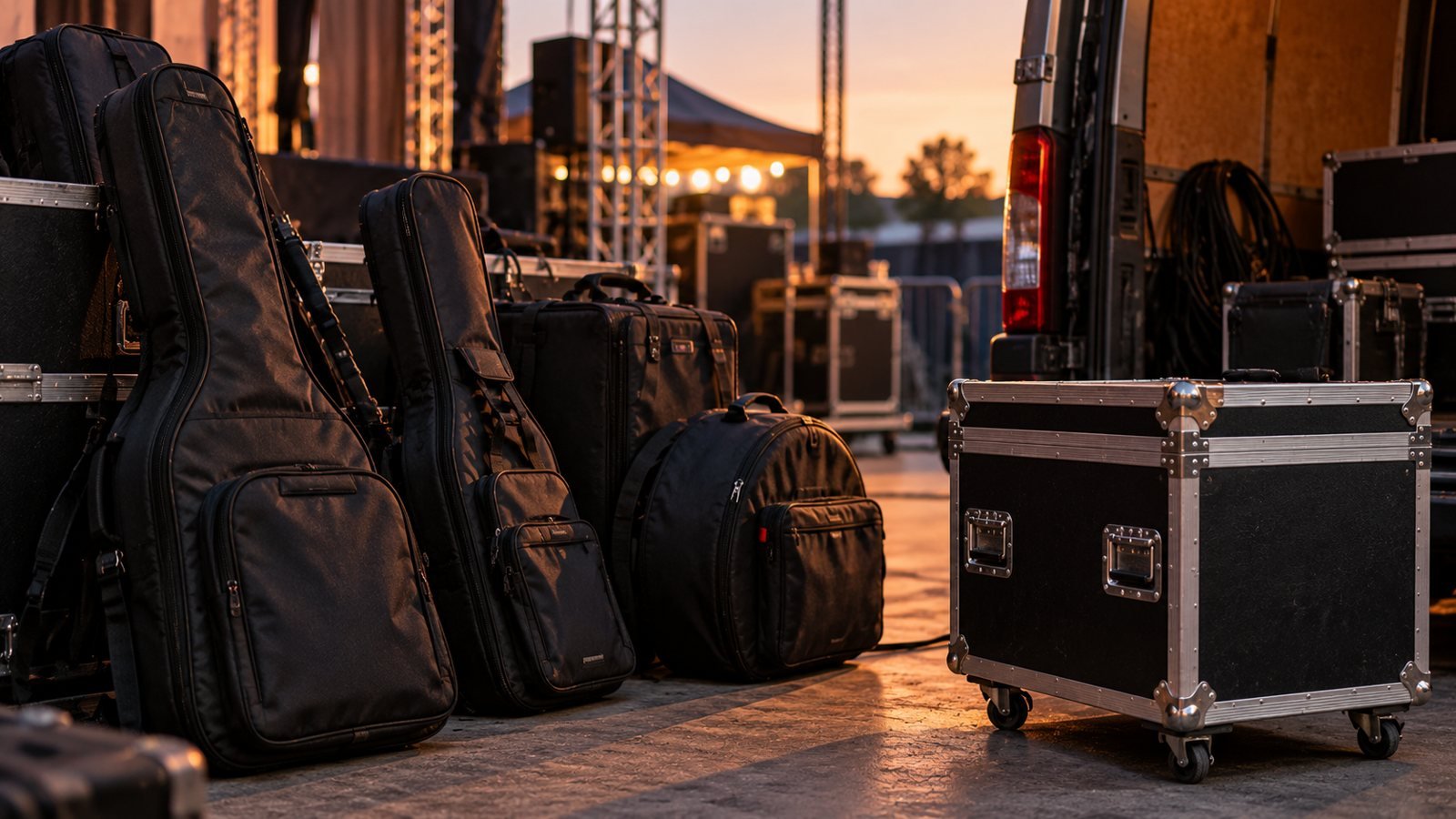 Fundas acolchadas y un flight case de equipo musical junto a una furgoneta