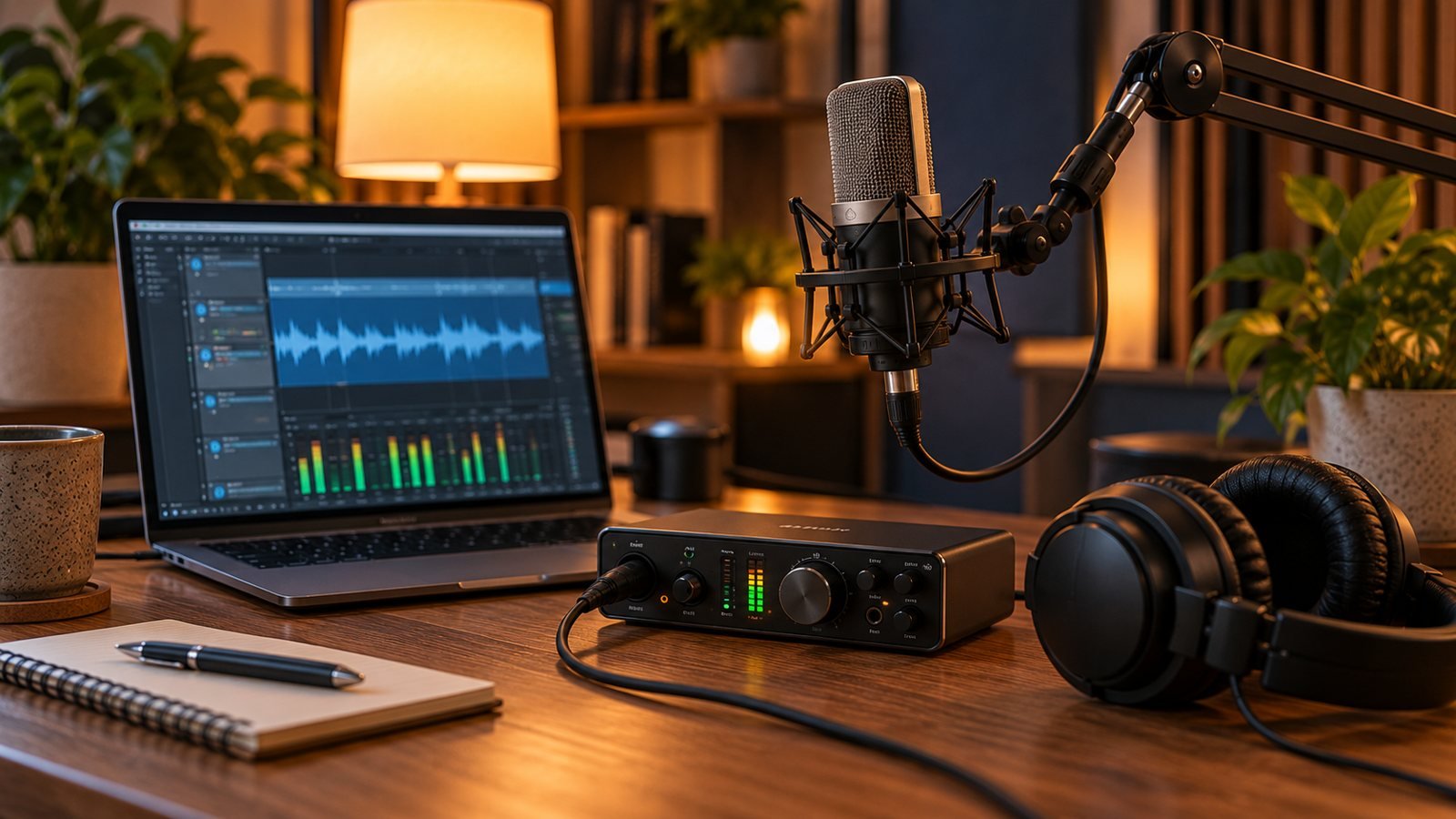 Interfaz de audio con auriculares y portátil mostrando una forma de onda con niveles