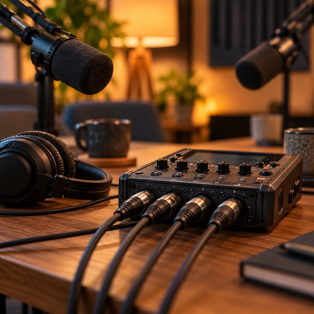 Grabadora de podcast portátil con cuatro entradas XLR y auriculares