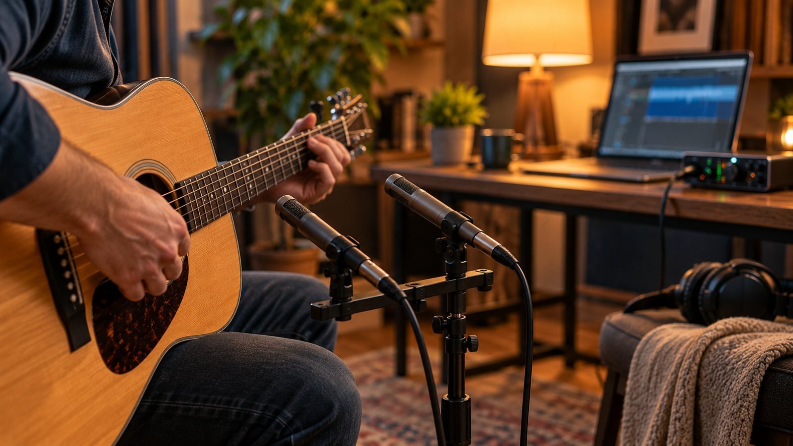 Guitarrista tocando una guitarra acústica frente a dos micrófonos en un home studio