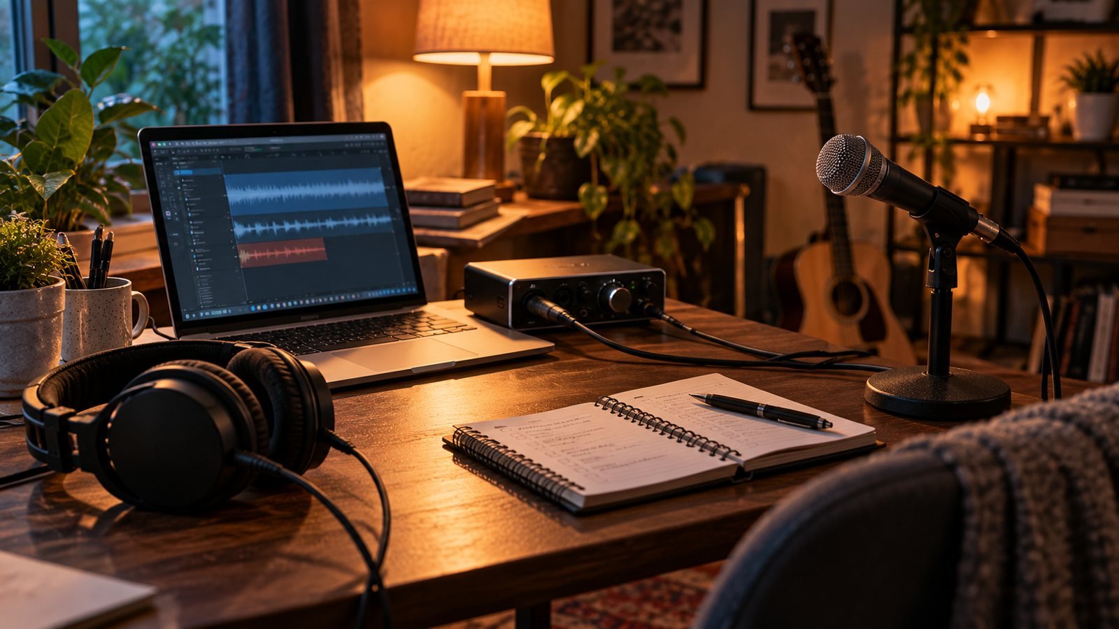 Escritorio de home studio económico con portátil, interfaz, micrófono, auriculares y cuaderno