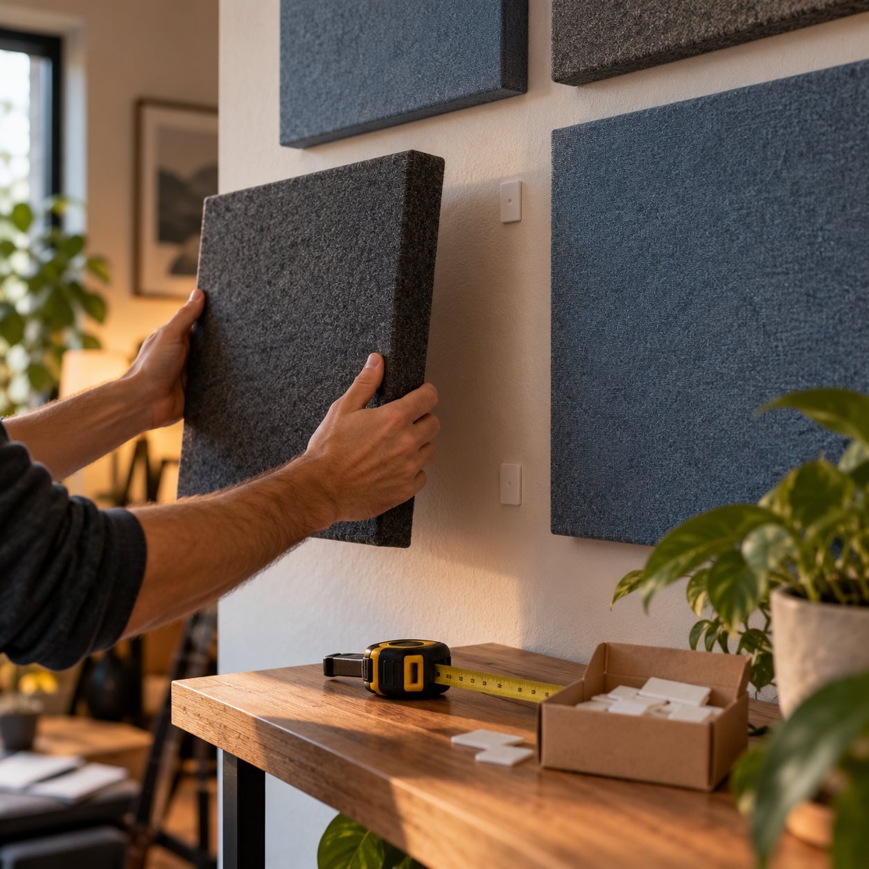 Manos colocando un panel acústico cuadrado en la pared junto a otros ya instalados