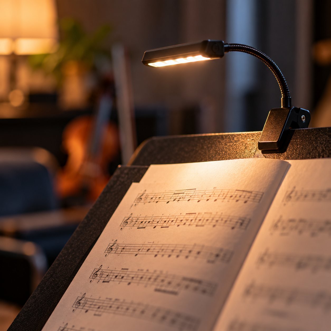 Luz LED de pinza sobre un atril iluminando una partitura